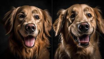 Cute purebred retriever sitting, tongue out looking happy generated by AI photo