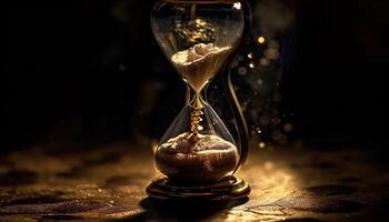 Antique hourglass with gold sand flowing through generated by AI photo