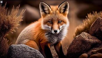 Red fox watching ears perked in lush forest generated by AI photo