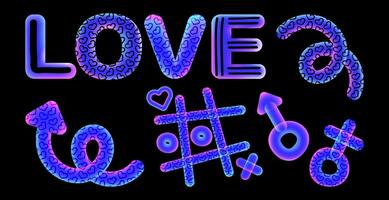 Set of doodle elements in neon color with gradient. Game tic-tac-toe, arrow, gender signs, love. Vector illustration.