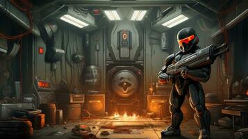 Scifi room with an army soldier on the sci fi room with fire flame Generative AI photo