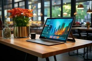 A picture of Modern laptop with blank screen and coffee cup on wooden table in office Generative AI photo