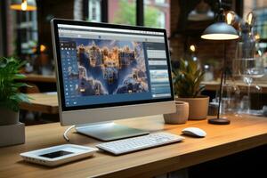 A picture of Modern computer with blank screen and coffee cup on wooden table in office Generative AI photo