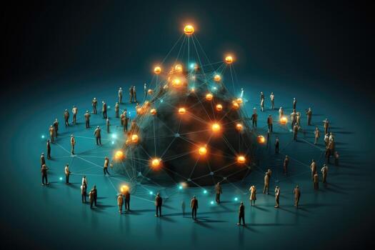 global comunicación concepto con globo y personas en azul antecedentes 3d representación generativo ai foto