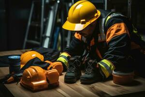 Hardhat and safety belt on wood table in construction site background. Generative AI photo