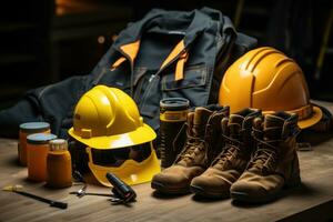 Full pack labour Hardhat and safety belt on wood table in construction site background. labour day concept Generative AI photo