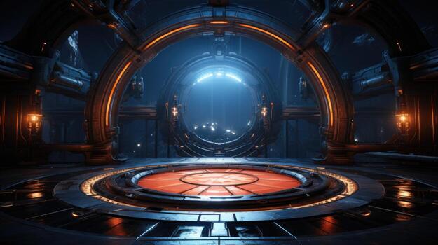 A picture of 3D rendering of futuristic sci fi room scifi background with glowing lights Generative AI photo