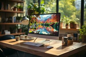 Modern luxury computer screen with blank screen and coffee cup on wooden table in office Generative AI photo