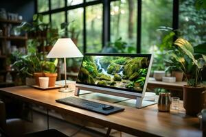 Modern laptop with blank screen and coffee cup on wooden table in office Generative AI photo