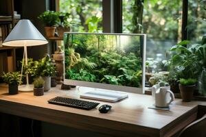 Modern computer with blank screen and coffee cup on wooden table in office Generative AI photo
