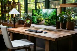 A photo of Modern computer screen with blank screen and coffee cup on wooden table in office Generative AI