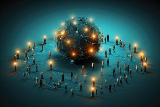 un foto de global comunicación concepto con globo y personas en azul antecedentes 3d representación generativo ai