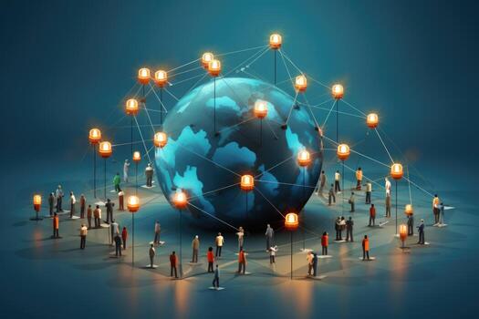 Picture of Global communication concept with globe and people on blue background 3D rendering Generative AI photo