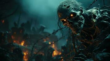 Horror scene with scary zombie and burning fire. Halloween concept Generative AI photo