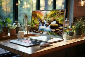 un foto de nuevo moderno y lujo computadora pantalla con blanco pantalla y café taza en de madera mesa en oficina generativo ai