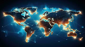 global red conexión en azul antecedentes. 3d representación globalización concepto generativo ai foto