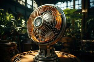 moderno eléctrico ventilador en mesa en habitación, de cerca. verano calor antiguo ventilador estilo generativo ai foto