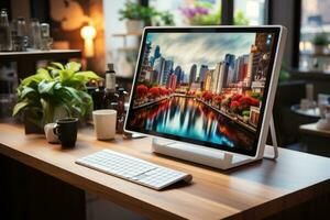 A photo of Modern computer with blank screen and coffee cup on wooden table in office Generative AI