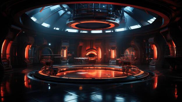 3D rendering of futuristic sci fi room scifi background with glowing lights Generative AI photo