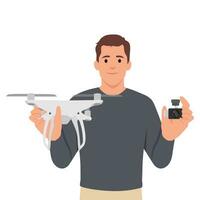 Drone with controller in hands of man. Isolated personage with unmanned aerial vehicle. Small aircraft with camera. vector