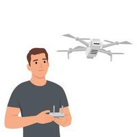 Young man with drone quadrocopter, Remote aerial drone with a camera taking photography or video recording game, isometrics businessman. vector