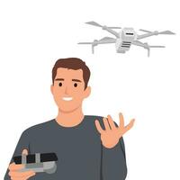 joven hombre con zumbido cuadricóptero, remoto aéreo zumbido con un cámara tomando fotografía o vídeo grabación juego, isometría empresario. vector