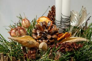 Christmas composition of flowers and Christmas decorations photo