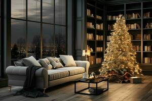Stylish interior of living room with decorated Christmas tree, Luxury living room New Year photo