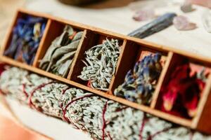 set of dried herbs delphinium, sage, wormwood, lavender, rose. Wormwood wand photo