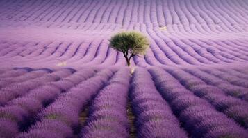 A vast and serene lavender field stretching out into the distance, a tree in the middle of the lavender field. Generative AI photo
