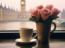 A black cup of coffee and a flower vase are in front of Big Ben and Westminster Bridge in England. Generative AI photo