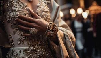 Elegant bride in traditional Indian sari smiles outdoors generated by AI photo