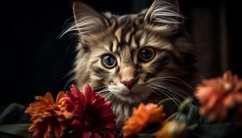 Fluffy kitten posing in field of flowers generated by AI photo