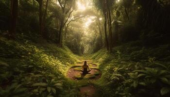 Women and men meditating in tranquil forest generated by AI photo