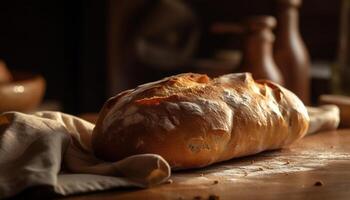 recién horneado rústico un pan en de madera mesa generado por ai foto