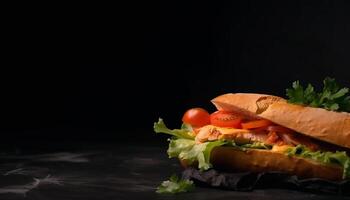 gastrónomo emparedado en Fresco ciabatta un pan con A la parrilla carne y vegetales generado por ai foto