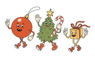 Groovy Christmas characters - tree, gift box, red ball toy. Groovy Christmas tree character with candy cane. Retro groovy cartoon characters in doodle style. Vector illustration isolated on white.