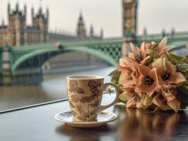 A black cup of coffee and a flower are in front of Big Ben and Westminster Bridge in England. Generative AI photo