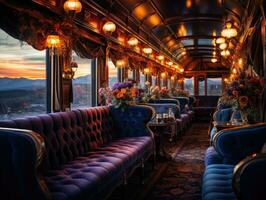 Velvet sofa inside a train car in the style of luxury, with flower vase, light from lamps to illuminate in the evening atmosphere. Generative AI photo