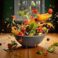 Vegetable salad and fruit on kitchen table. Generative AI photo