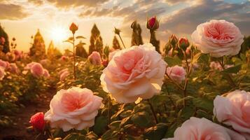 Pink rose field in sunset light, in the style of sun rays shining upon a field of roses. Generative AI photo