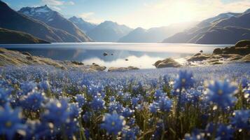 Blue flower field by the lake in nature light, mountain reflection in the lake, sunlight and mountains in the background. Generative AI photo