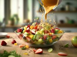 Vegetable salad and fruit on kitchen table. Generative AI photo