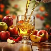 Apple and apple juice splash into a glass. Generative AI photo