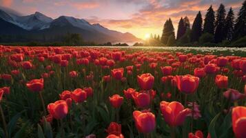 landscape of pink tulip fields, sunlight shining on tulip fields, and a mountain at sunset in the background. Generative AI photo