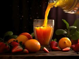 Orange juice is being poured by a glass with sliced orange. Generative AI photo