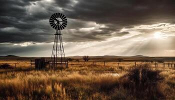 Wind turbines generate electricity on the tranquil mountain meadow generated by AI photo