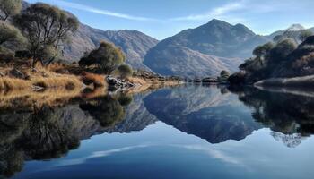 Majestic mountain peak reflects in tranquil pond generated by AI photo