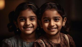 Happy siblings standing together, smiling for studio portrait shot generated by AI photo