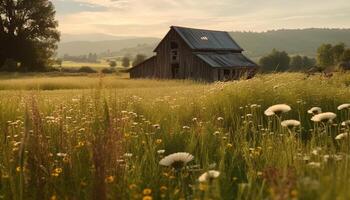 rústico granja paisaje, tranquilo escena con amarillo flores silvestres y arboles generado por ai foto